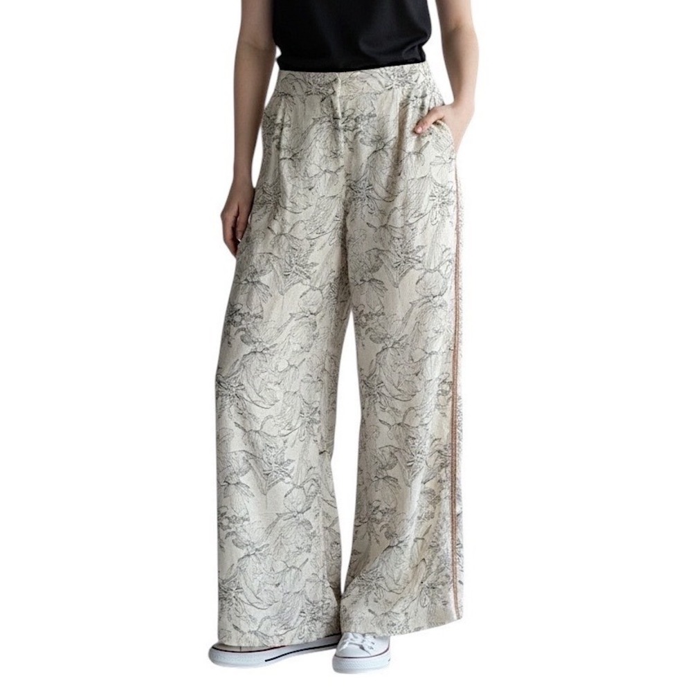 Johnny Was LA Wide Leg‎ Pant Linen Blend Beige Etched Floral Sz XS $298